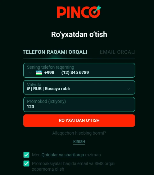 Pinco ro'yxatdan o'tish 2-qadam