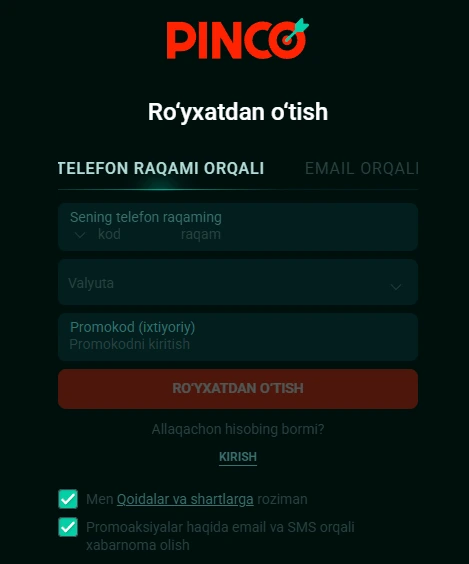 Pinco ro'yxatdan o'tish 1-qadam